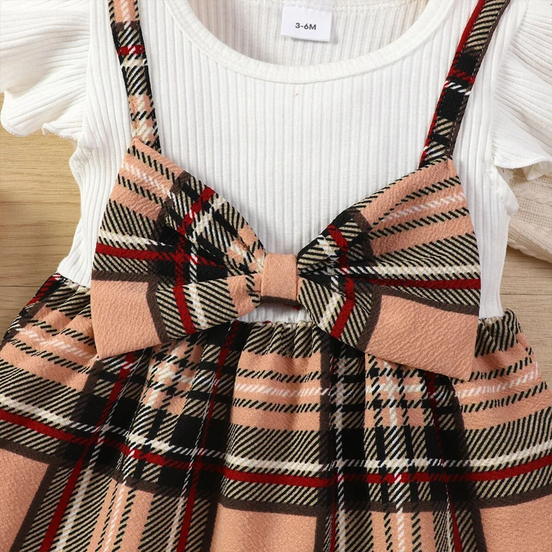 Newborn Girl Cute Christmas Dress Suit Patchwork Crew Neck Long Sleeve Dress Fall Plaid Headband Princess Dress