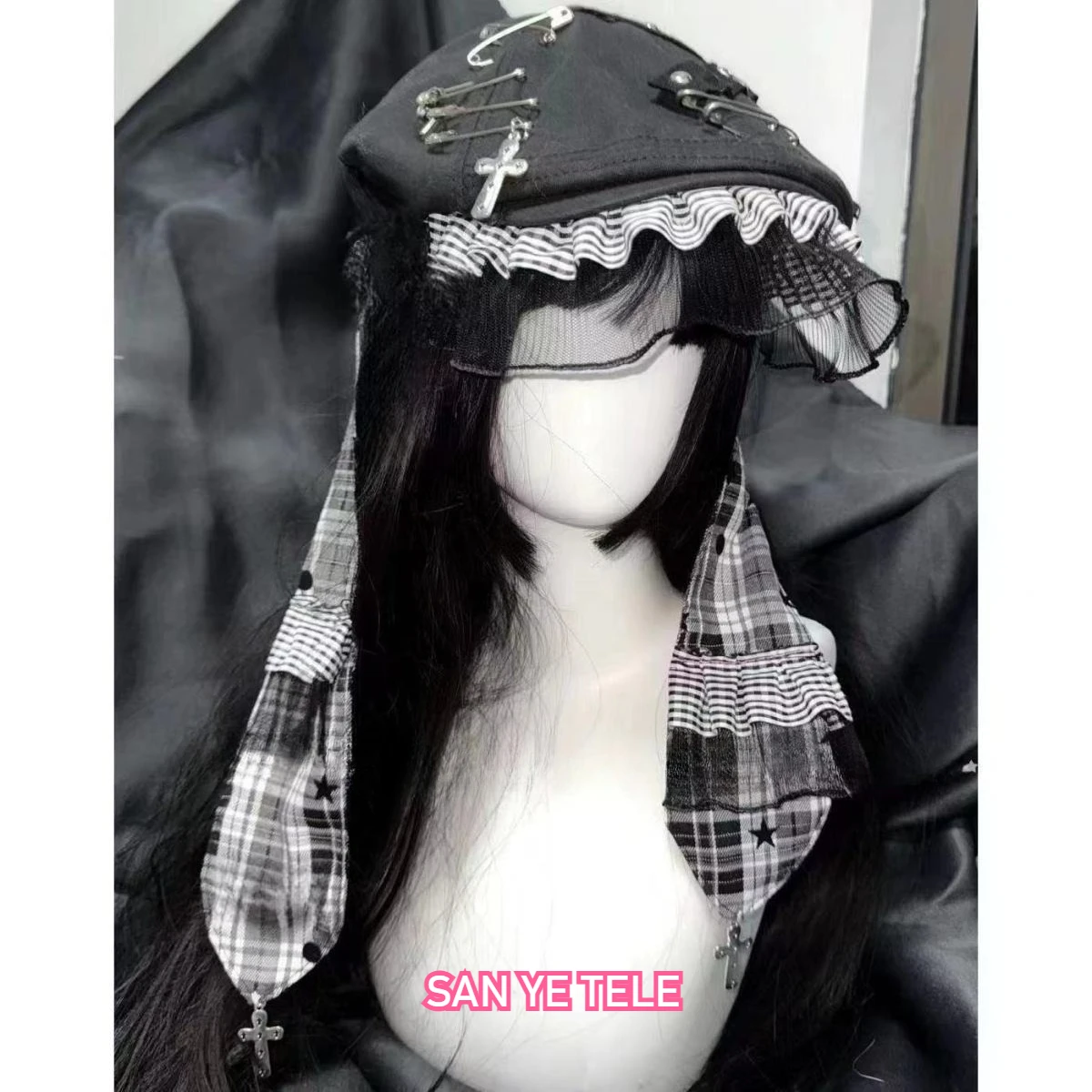 

Daydream Bunny Lace Beret Hat Punk Gothic Plaid Patchwork Vintage Women Y2k Rabbit's Ears Subcultural Handmake Decorative