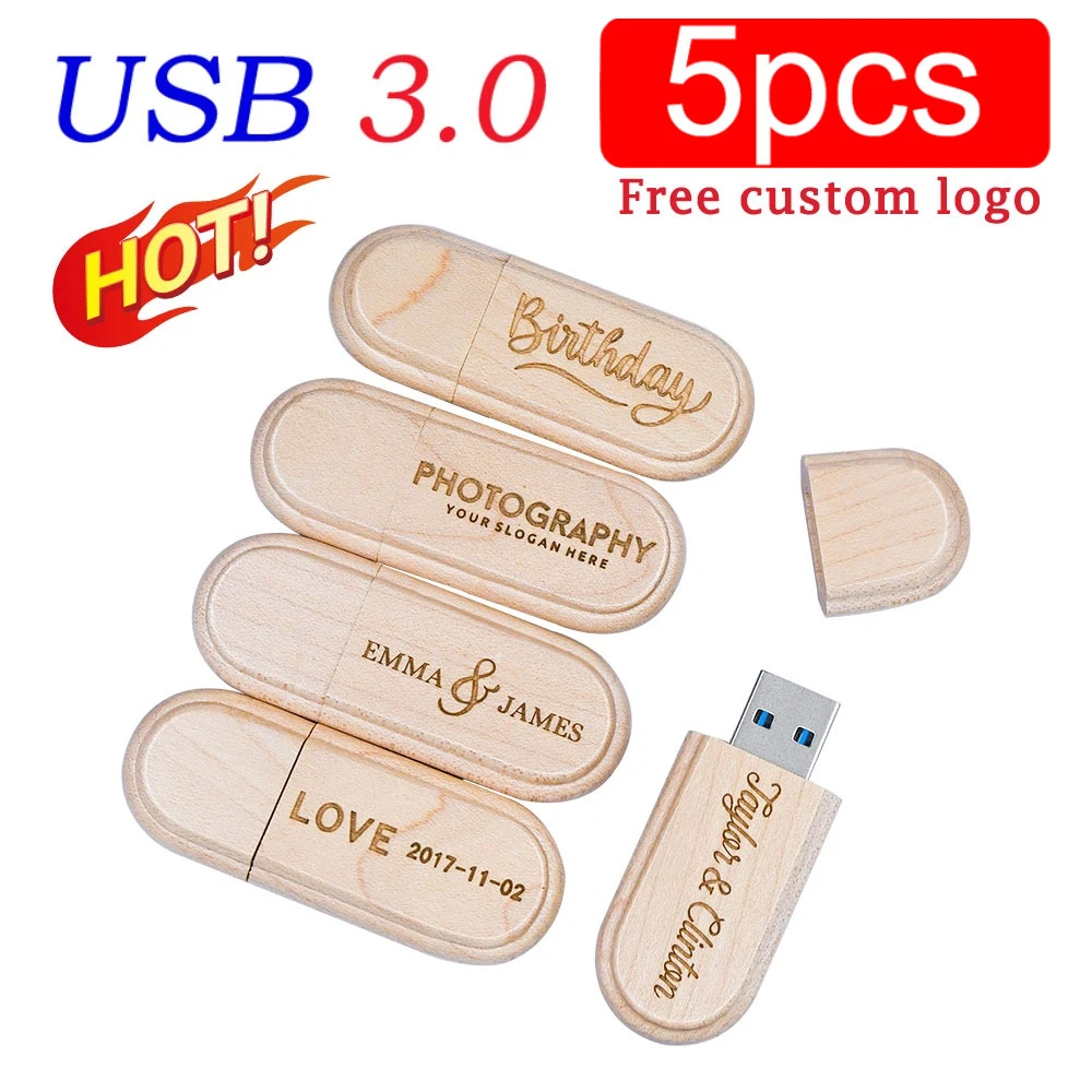 5PCS Wooden Gift Box USB 3.0 Flash Drive Real Capacity High Speed Pen Drive Free Custom Logo Memory Stick Wedding U Disk 64GB