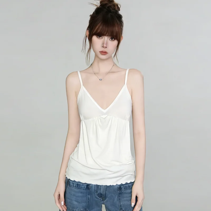 Skin-friendly Slim Fit V-neck Camisole Top Women Outerwear Loose Lock Stitching Inner Match 2026 Women Spring Summer Shirt