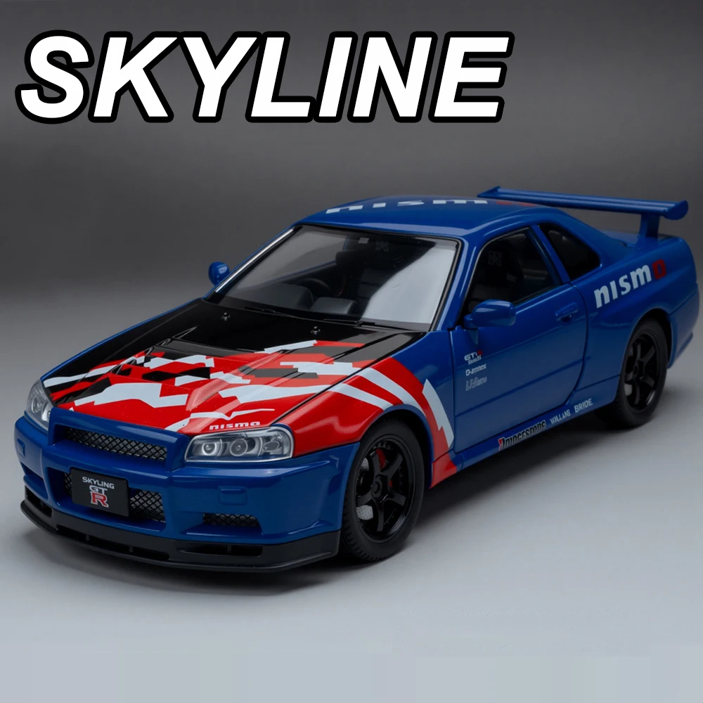 

1:24 GTR R34 SKYLINE Миниатюрные модели автомобилей, литые под давлением игрушки из сплава, звук, свет, откатные двери, открытые автомобили, коллекционные украшения