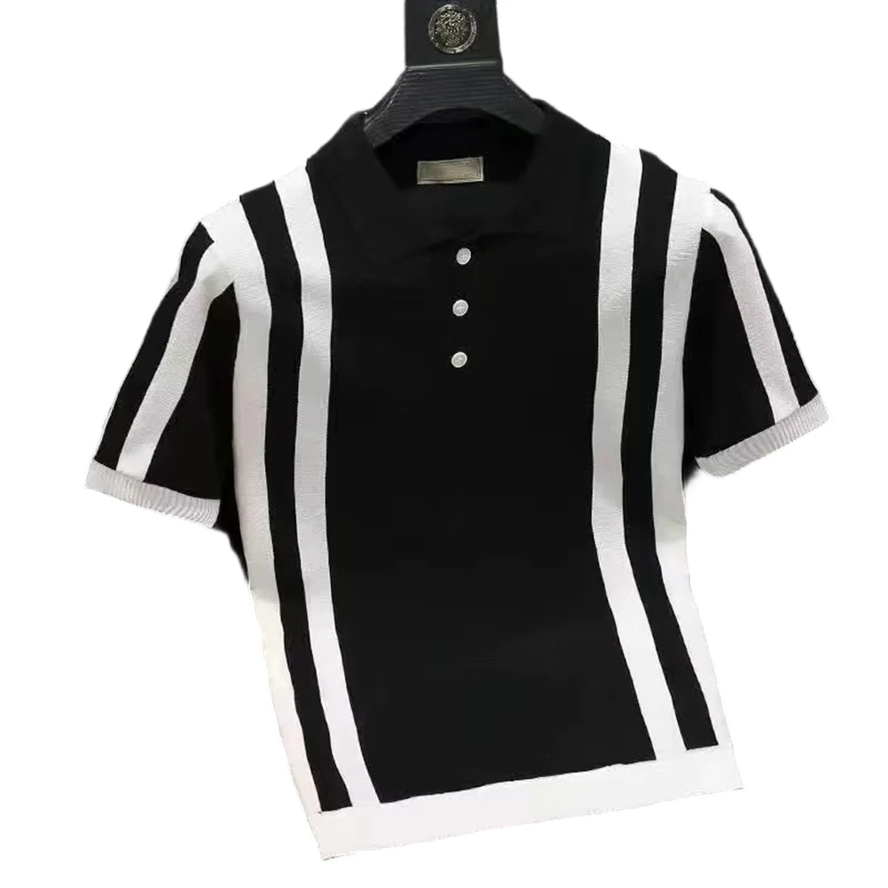 Short Sleeve Men's Knit Top with Lapel Detail Turn Down Collar and Patchwork Stripe Texture for Smart Layering