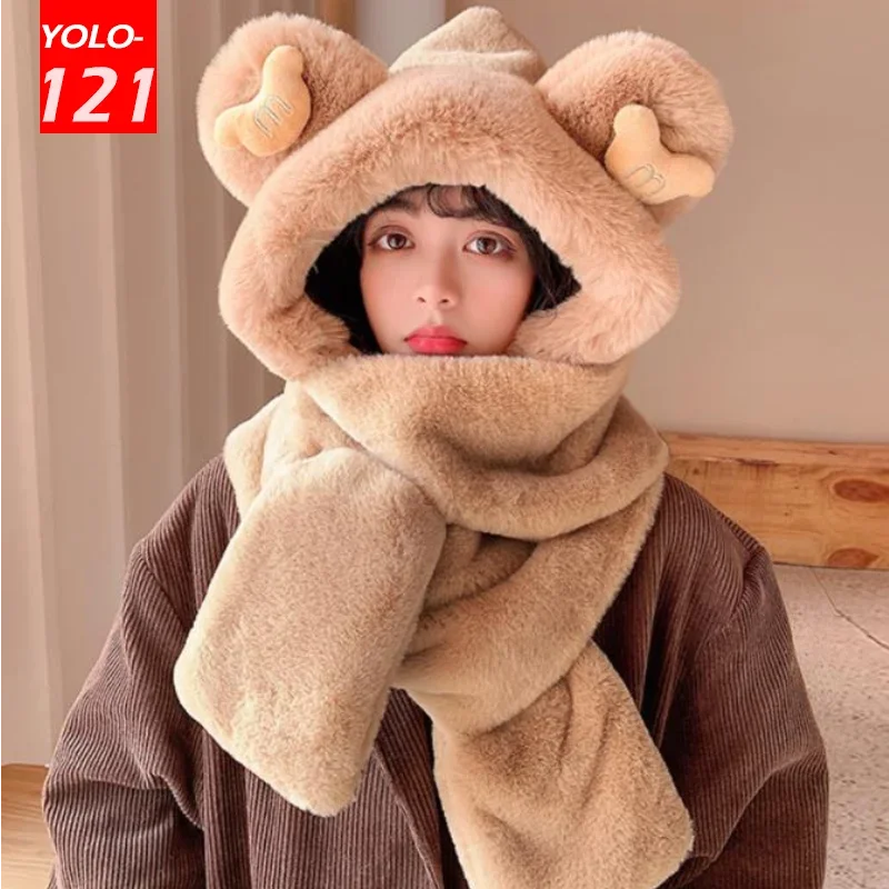 Natural Rabbit Fur Bear Ears Hat Women Winter Fashion Thickening Warm Plush Scarf Outdoor Skiing Integrated Hooded Scarf