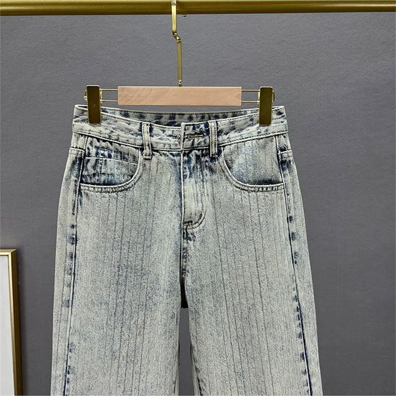 2024 New Spring And Summer Wome Denim Pants Fashion Beaded Jeans Wide-Leg Pants Female Tide  High Waist Loose Mop Pants