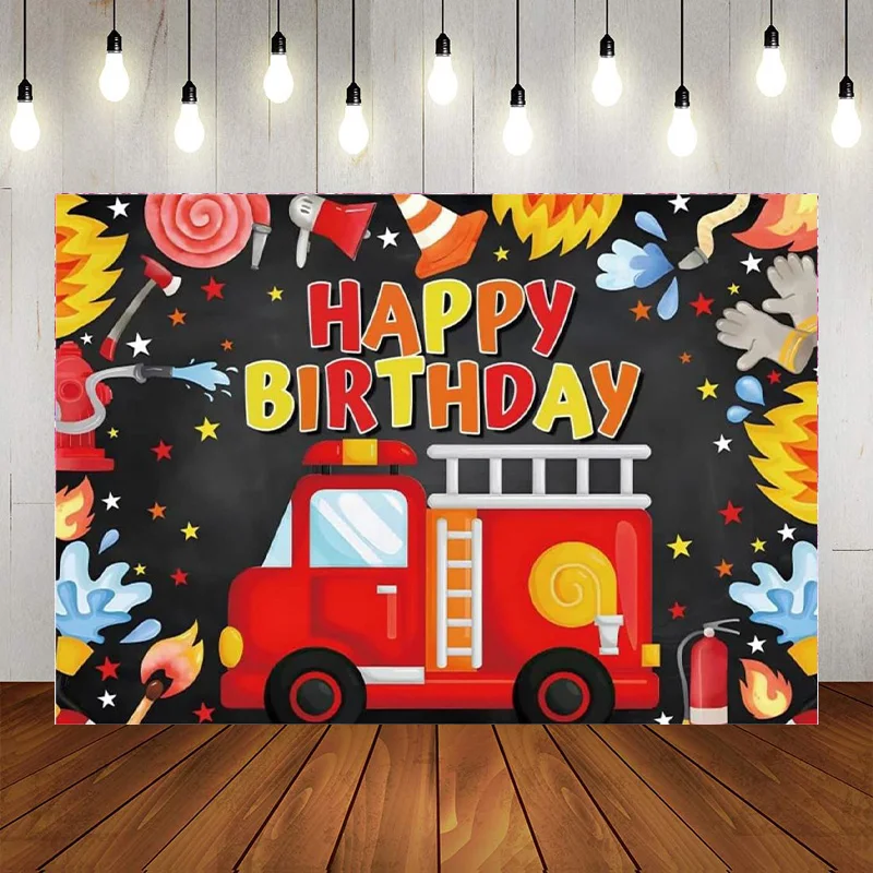 Fire Fighting Birthday Backdrop Party Fire Engine Water Cartoon  Photography Background Little Fireman Truck Man Banner Decor