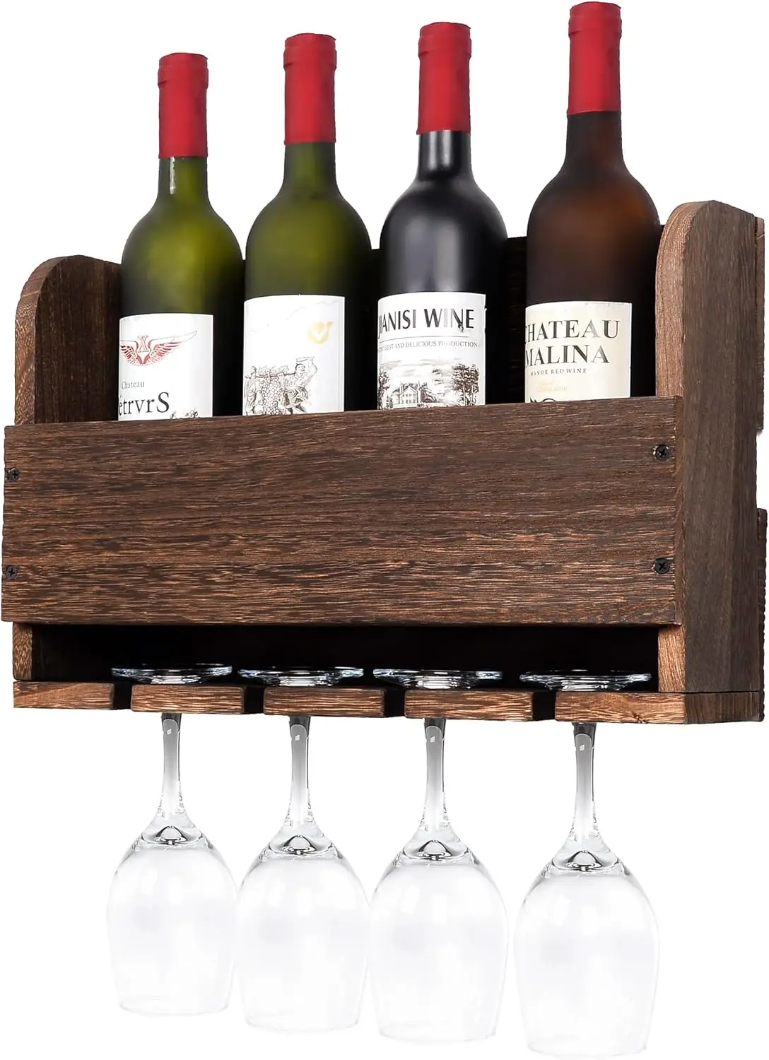 

Wall Mounted Wooden Wine Bottle and Glass Holder, Rustic Home Bar Kitchen Restaurant Decoration