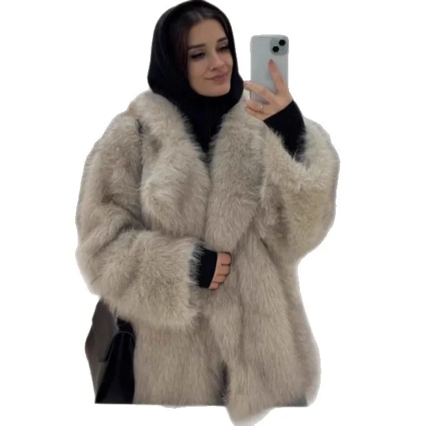 

KIDCRKJ Зимняя женская куртка из эко-меха, удобная куртка с длинными волосами и воротником с лацканами, женское пальто из искусственного меха, пушистая свободная женская куртка средней длины