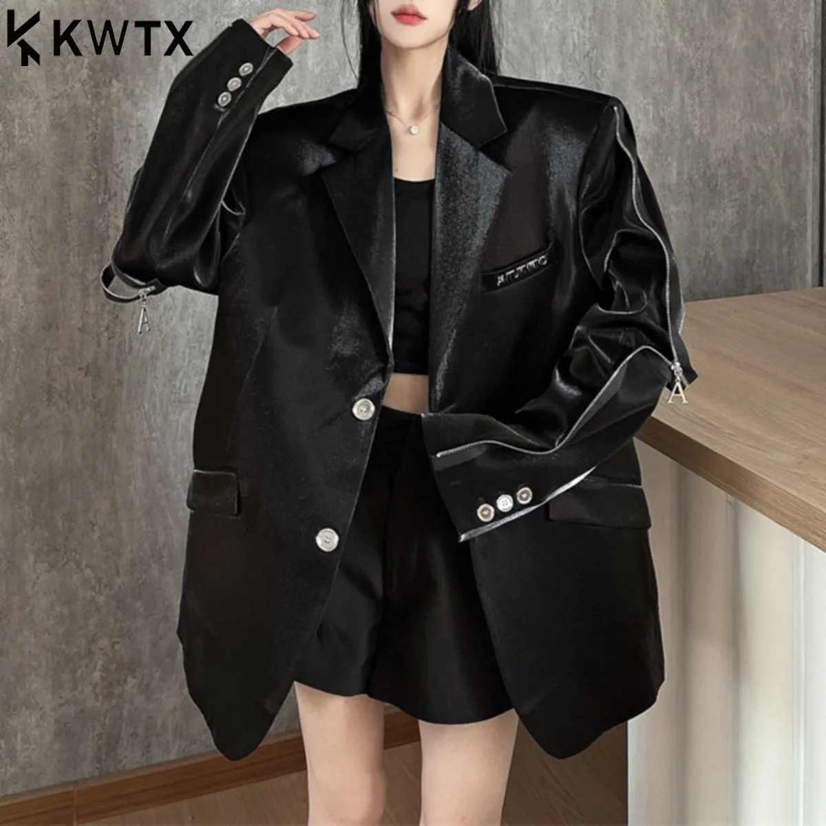 

KWTX 2025 женский однотонный повседневный пиджак с зубчатыми лацканами и двумя пуговицами на молнии, матовый, острый, шикарный, элегантный, винтажный, осень-зима