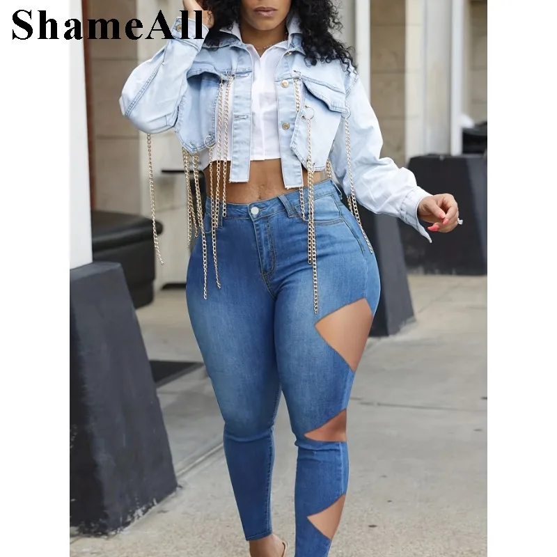 Plus Size Street Asymmetrical Cut Hole Stretchy Skinny Jeans 3XL Women Party Club Outfits Sexy Riped Mid Waist Pencil Denim Pant