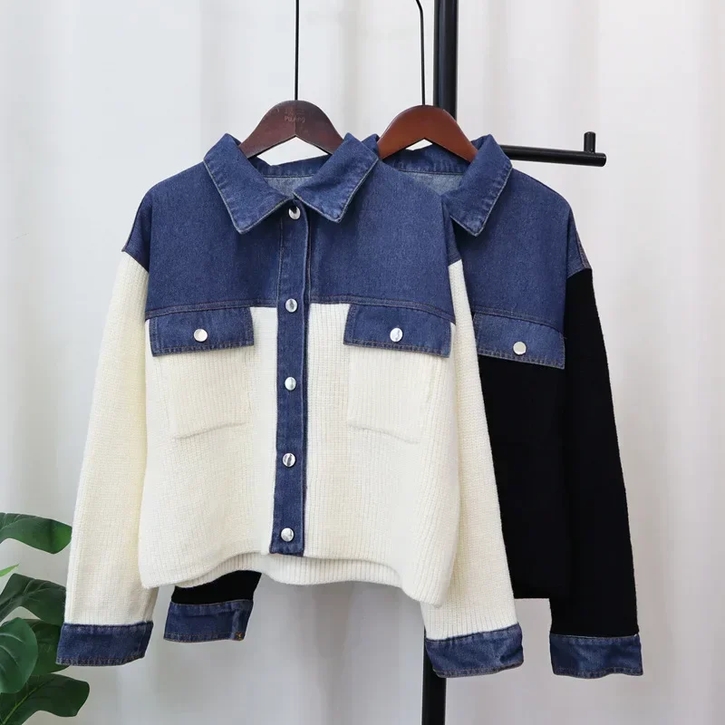 Denim Sweater 2024 Women Cardigan Kintted Button Patchwork Spring Autumn Vintage Winter Streetwear Y2k Jumper Coat Cardigans