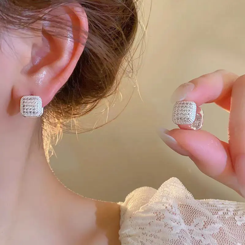 French light luxury double-sided micro-inlaid zircon square pearl ear buckle women's fashion  high-end geometric earrin