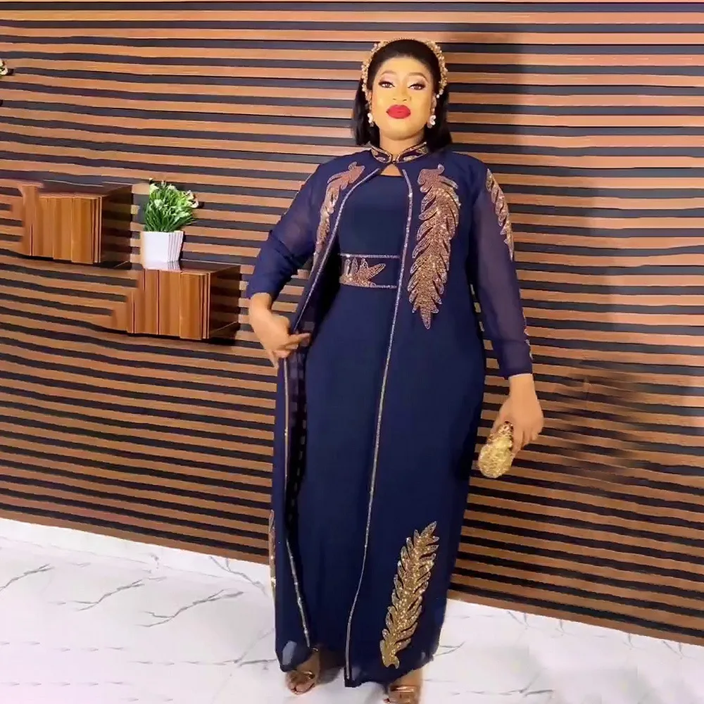 Customized  Customized Plus Size African Party Dresses for Women Chiffon Boubou Ankara Dashiki 2 PCS Set Outfit Dubai Kaftan Aba