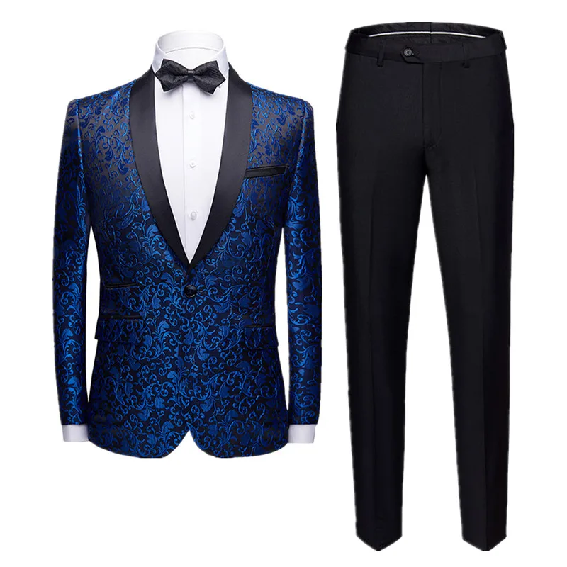 New Men Business Banquet Suit 2 Piece Blue / Black / Pink Fashion Male Luxurious Wedding Blazer and Pant