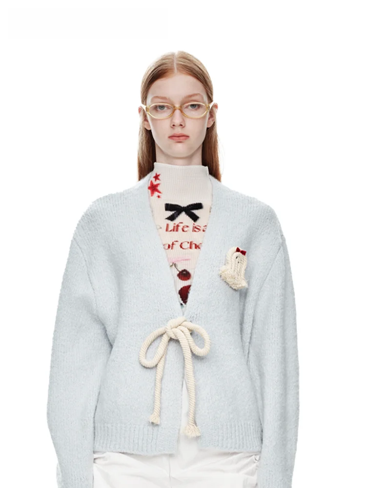 

Warm Furry Woolen Knitted Cardigan Sweater Fem Sle Brit Commute Thi Long Sve V-Ne Coat for Young Women