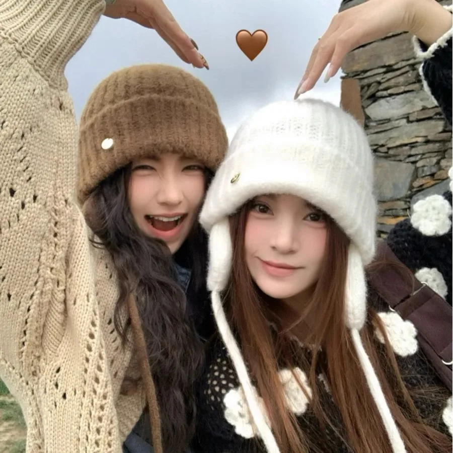

Women's Knitted Hats New Korean Cute Simple Sweet Kawaii Hoodies Winter Thickened Plushed Warm High Quality Beanies For Girl