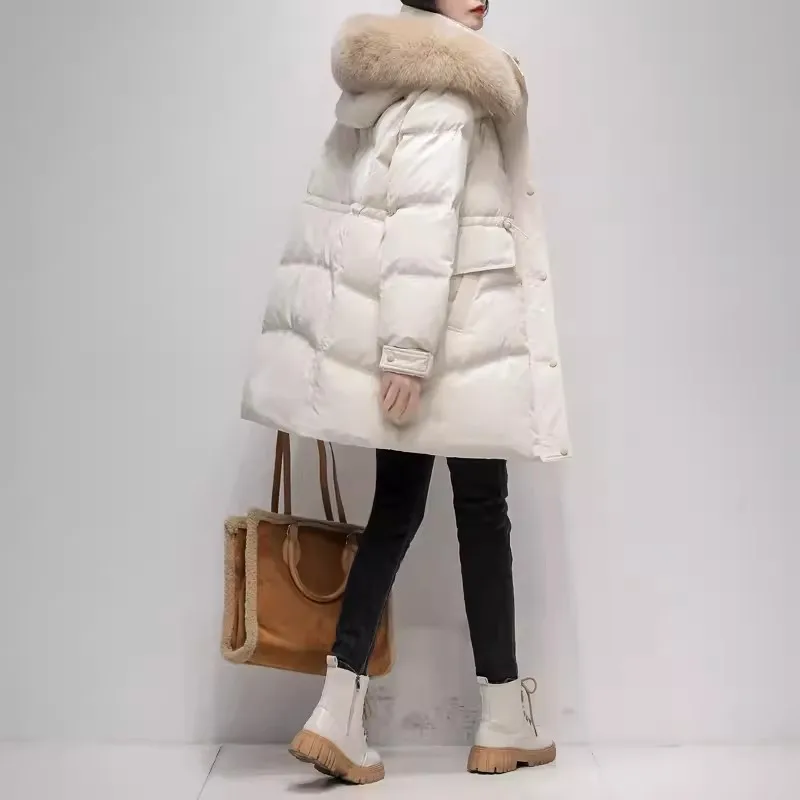 Winter Natural Fox Collar Hooded Down Jacket 2024 New Korean Fashion White Duck Down Thicken Coat Warm Female Parkas Overcoat