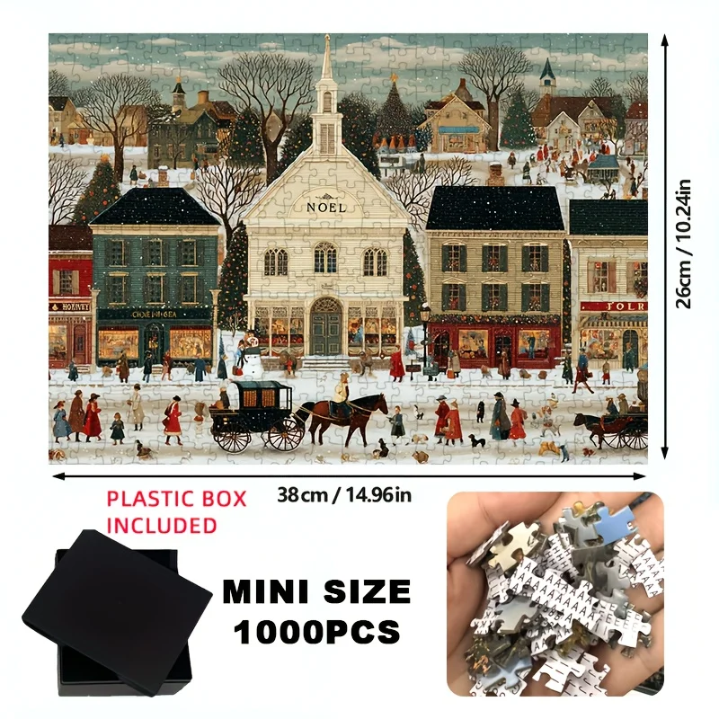 1000 قطعة من أحجية الصور المقطوعة لعيد الميلاد للبالغين والعائلات - مشهد شارع شتوي احتفالي مع قرية ثلجية، عربات مرسومة بالخيول