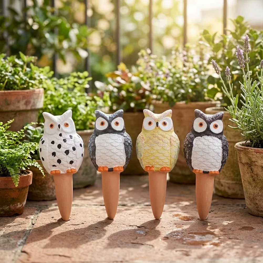 Owl Style Terracotta Self Watering Spikes for Potted Plants Indoor Outdoor Herbs Succulents Flowers 4 Pack 18.5 x 7.5 cm Size