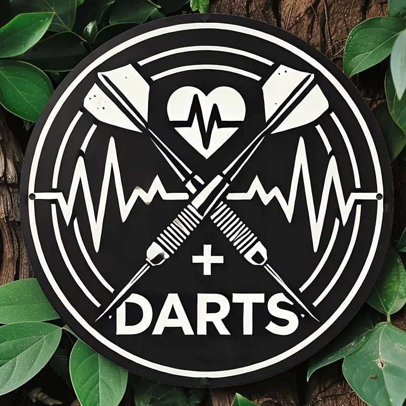 2D Flat, 1pc8 x 8inch (20 x 20cm)2D flat sign/ dart and electrocardiogram design/ Metal Tin Sign- Round Aluminum Wall Art, Durab