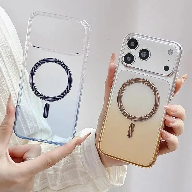 Crystal Gradient Transparent Magnetic Phone Case for 17 Pro Max Thin PC Wireless Charging Protective Cover for iPhone 16 15 14
