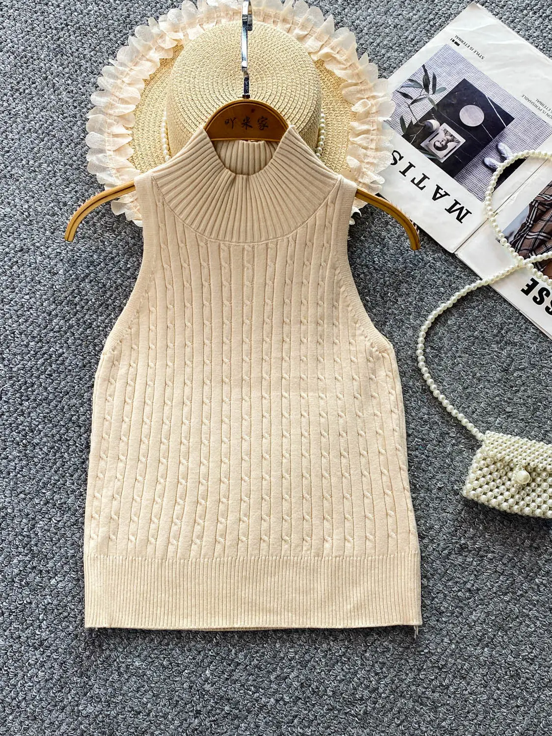 Women's Apricot Sleeveless Sweater Pullover Knit Top Y2k Vintage Knitwear Turtleneck Base Sweater for Women Spring Autumn 2026