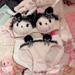 Girls fall and winter plush bra set cute cartoon panda lace edge lace up underwear female bust undershirt lingerie pants