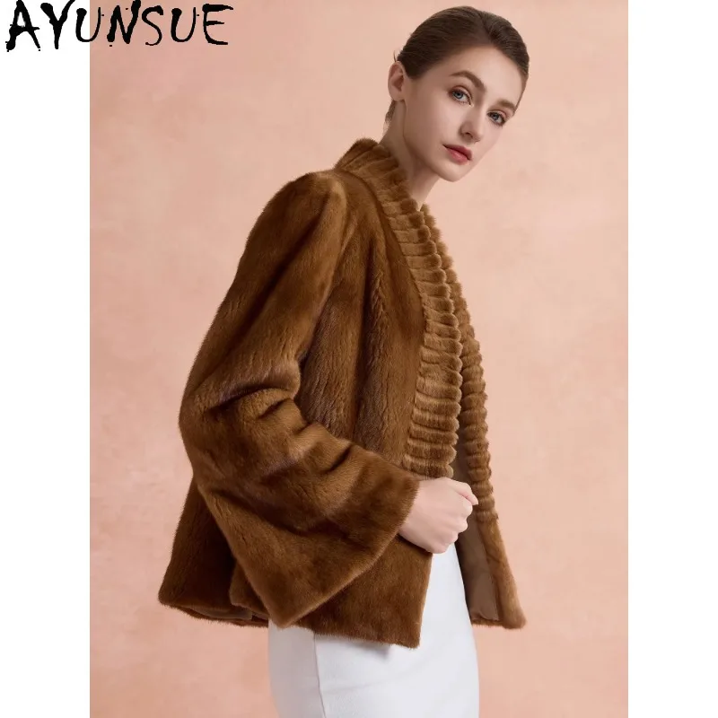 AYUNSUE Real Fur Coat Woman Luxury Fur Jacket Saga Whole Mink Fur Coats Woman New in Outerwears Elegant Woman Clothes Fourrure