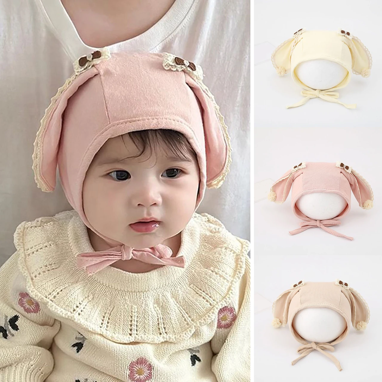 

Детская защитная шапка с длинными ушками кролика, кружевной бант, детская шапочка с галстуком, весенне-осенняя шапочка для новорожденных, теплый головной убор для младенцев от 3 до 15 месяцев