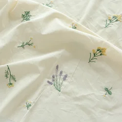 Beige Pastoral Lavender Embroidery Pure Cotton Fabric DIY Handmade Clothes Dress By the meter
