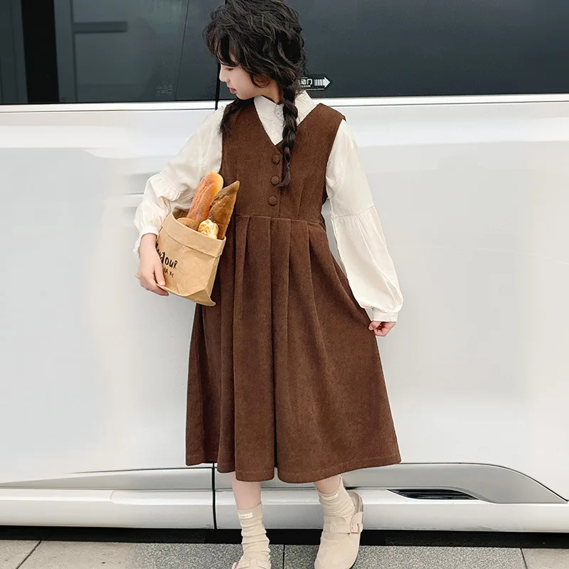

Teenager Girls 2pcs Dress Suits Autumn Junior Girls Round Neck Undershirt Children Girls Button Sleeveless Dress Kid Girls Sets