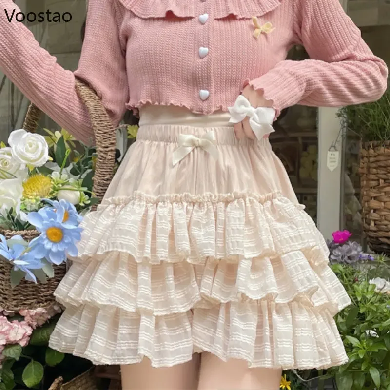 Japanese Kawaii Lolita Mini Skirt Women Summer Cute High Waist Bow Ruffles Tiered Skirts Girly Korean Fashion Princess Skirts XC