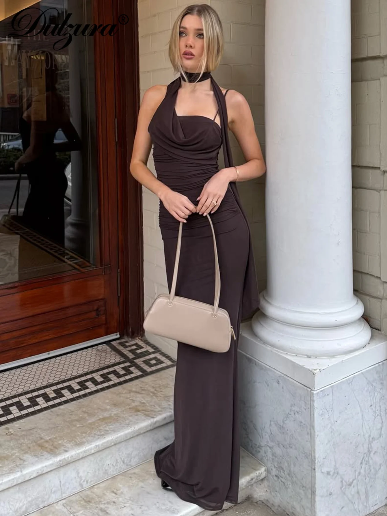 Dulzura Abito lungo da donna senza maniche, senza schienale, vestibilità slim, con nastro increspato, abito lungo, solido, sexy, elegante, per feste, club, outfit estivo