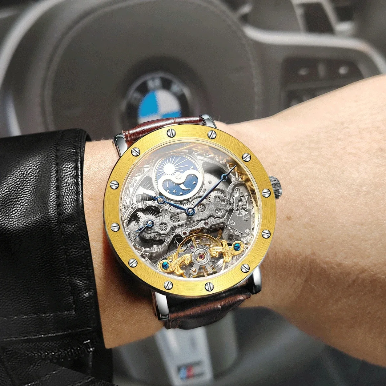 Роскошные бренды, двойной часовой пояс, фаза Луны, автоматические часы с механизмом, механические мужские наручные часы из натуральной кожи, оригинальные мужские часы