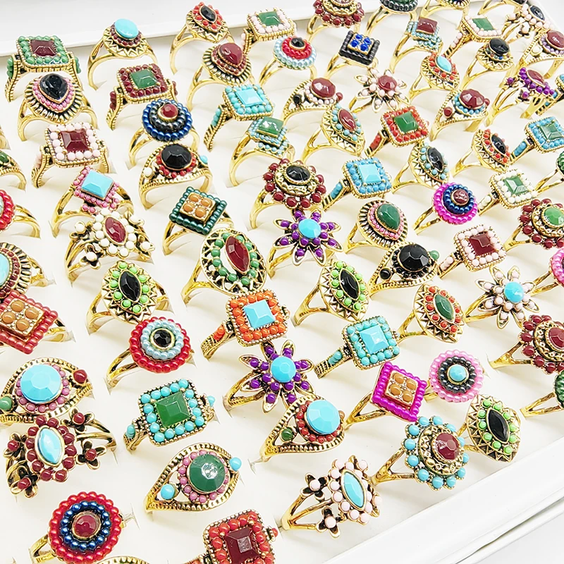 50pcs/Lot Wholesale Bohemia Mix Style Finger Rings for Women Hot Crystal Party Wedding Jewelry Acrylic Enamel Joint Ring Gifts