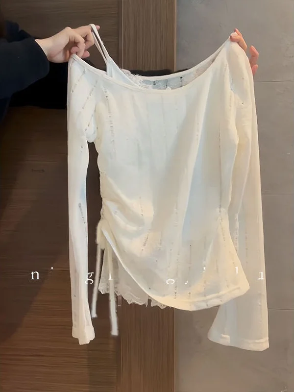 

White Long Sve T-irt Women Summer Thin Sun Protection Cover up Dstring Design Sensation over irt Strap Two Piece Set