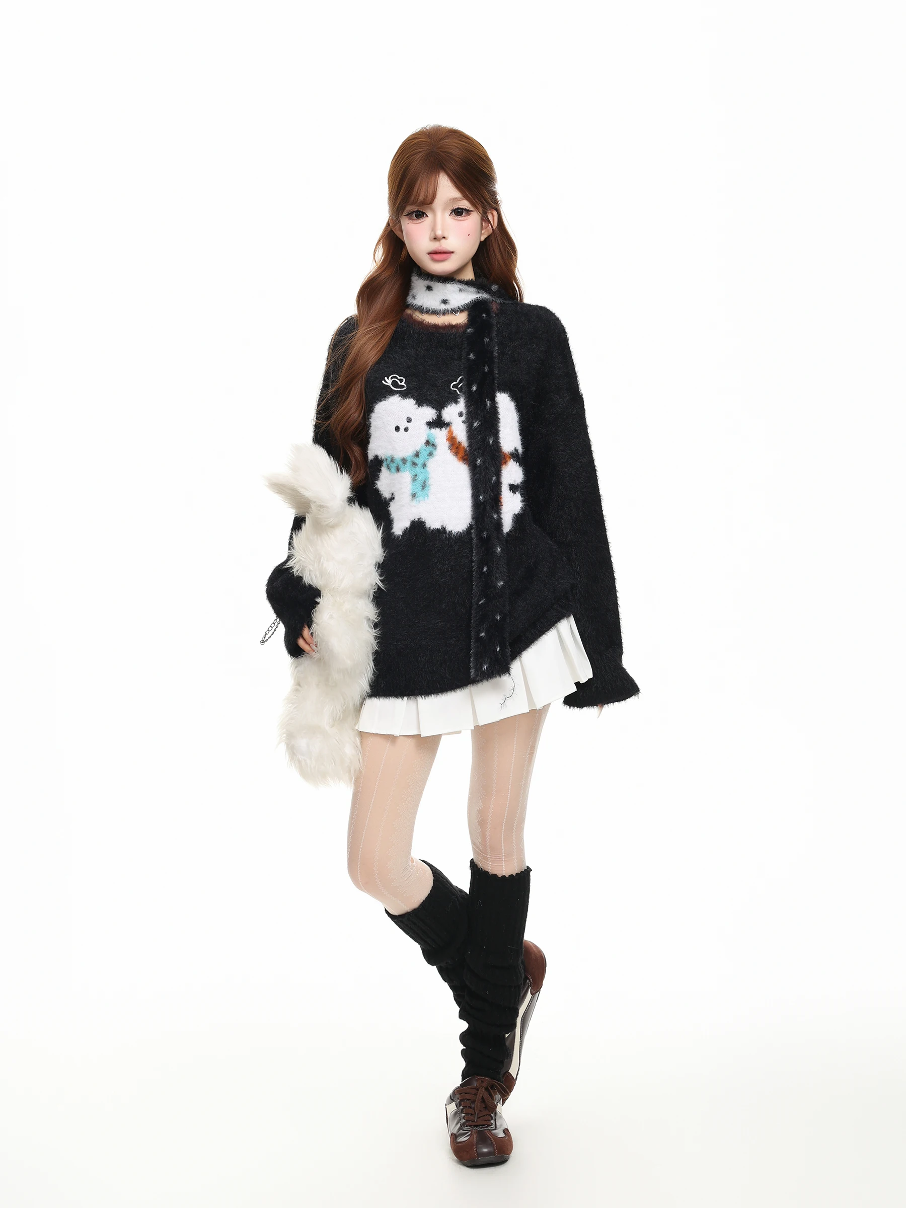 BASTERDS Cartoon Bear Knitted Soft Warm round Neck Sweater Women's Autumn Lazy Style Long Sleeve Fashionable Knitwear