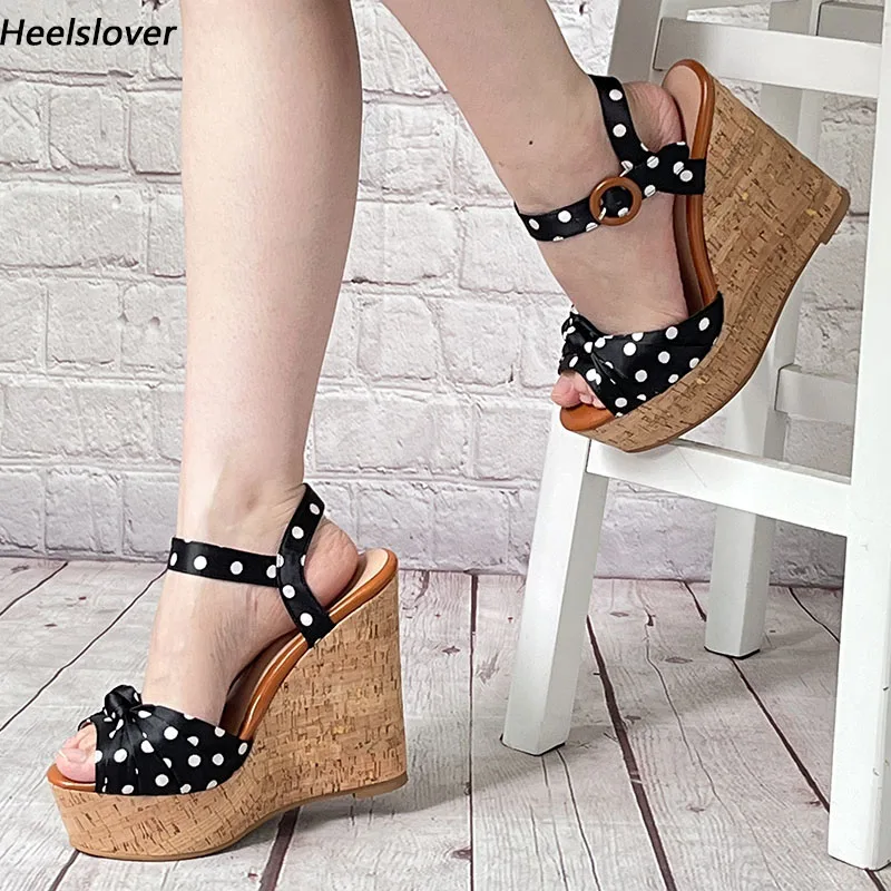 

Ahhlsion Handmade Women Summer Sandals Wedges Heels Polka Dot Peep Toe Beautiful Black Party Cosplay Shoes Ladies US Size 5-20