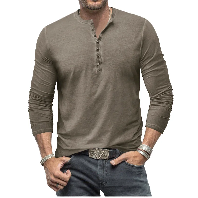 

Autumn Men's Tie Dye Henry Slim Fit Retro Long Sleeved Solid Color T-shirt Button V-neck Fashionable Soft Breathable Casual Top