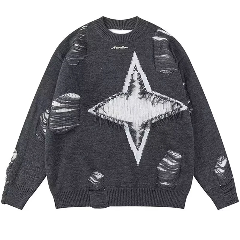 Geometric Hollow Design Men's Knitwear Sweater Vintage High Street Hole Pullover Autumn Winter Knitted Jumpers Sweater Oversize