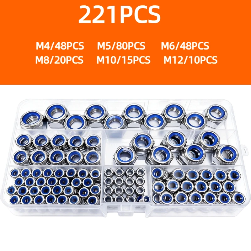 201/221pcs Metric Nylon Insert Lock Nuts Assortment Kit, 304 Stainless Steel Nylock Nut Set, M3 M4 M5 M6 M8 M10 M12 Hex Locknut
