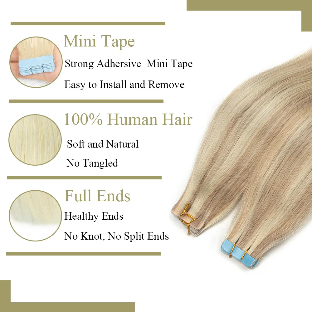 Mini fita em extensões de cabelo cabelo humano 10 pçs natural loira preto marrom sem costura peças de cabelo em linha reta mini fita em cabelo humano