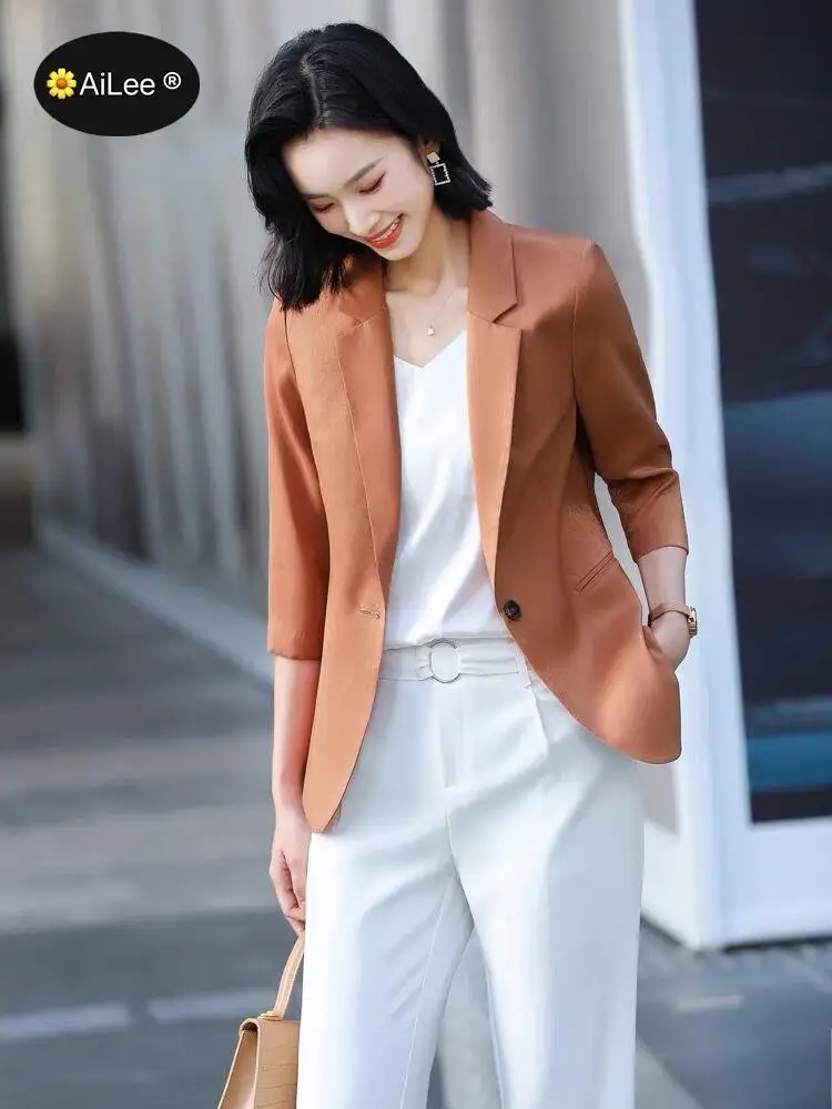Luxury Satin Silk Blazer Lady 3/4 Sleeve Summer Thin Coat Formal Business Office Work Single Button Jacket Senior Streetwear