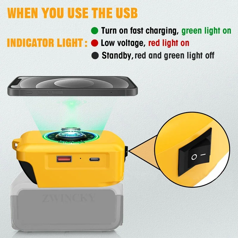 شحن لاسلكي للهواتف المحمولة متوافق مع محول شاحن USB لبطارية ليثيوم ديوالت 18 فولت لهواتف سامسونج وأندرويد