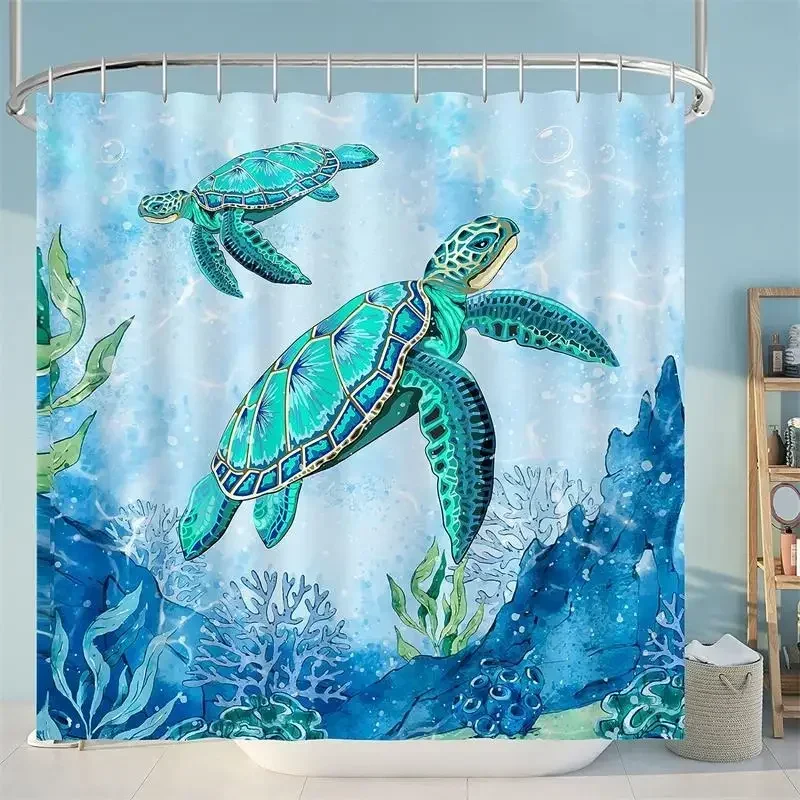 Sea Turtle Shower Curtains Teal Blue Ocean Animal Watercolour Plants Nautical Bath Curtain Waterproof Bathroom Decor with Hooks