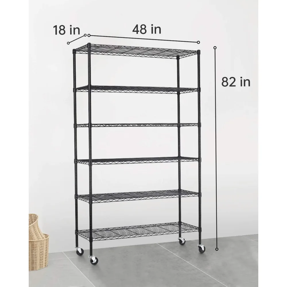 Wheels Steel 6 Tier Heavy Duty Layer Rack Storage Metal Shelf Garage Organizer Wire Rack Shelving-18x48x82 inch (Black)