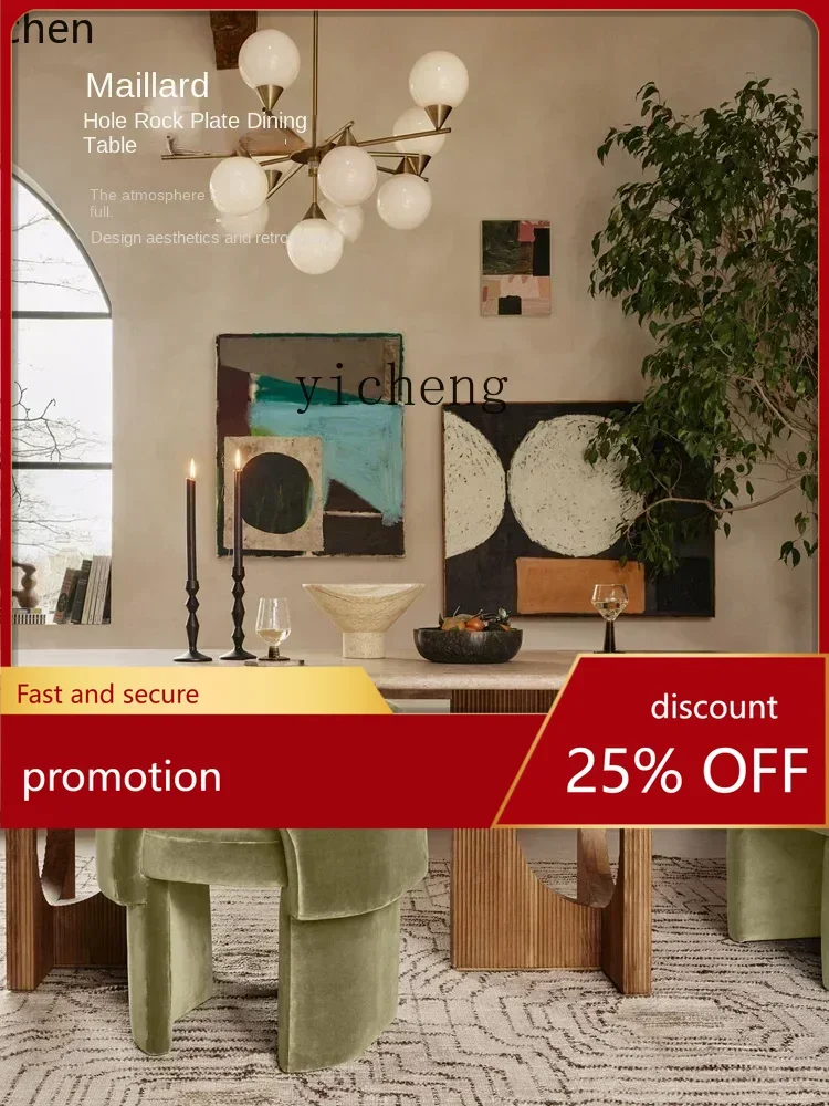 

YFY Ancient Style Cave Stone Stone Plate Dining Table Rectangular Living Room Solid Wood Retro Cream Style Home