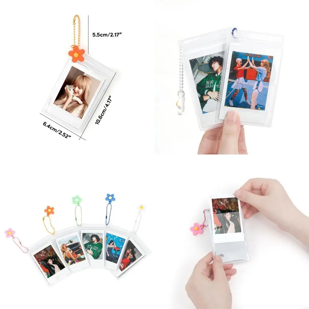 L9BE 5Pcs Colorful Flower Beads Chain Keychain Transparent Card Sleeve Waterproof Pictures Holder 3