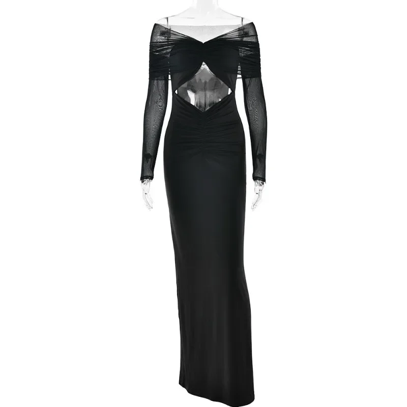 Sheer ตาข่าย Patchwork Bodycon Maxi ชุดราตรีผู้หญิง Ruched Hollow Off ไหล่แขนยาววันเกิดยาว Robe
