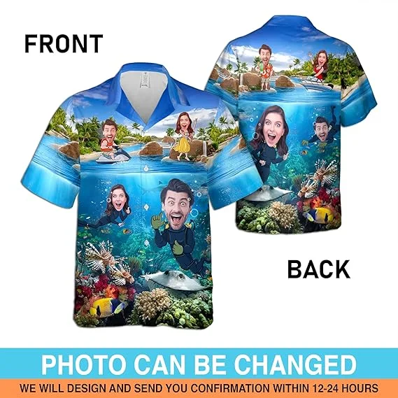 Custom Scuba Diving Hawaiian Shirt Personalized Face Ocean Beach Aloha Shirt Custom Summer Vacation Shirt For Family