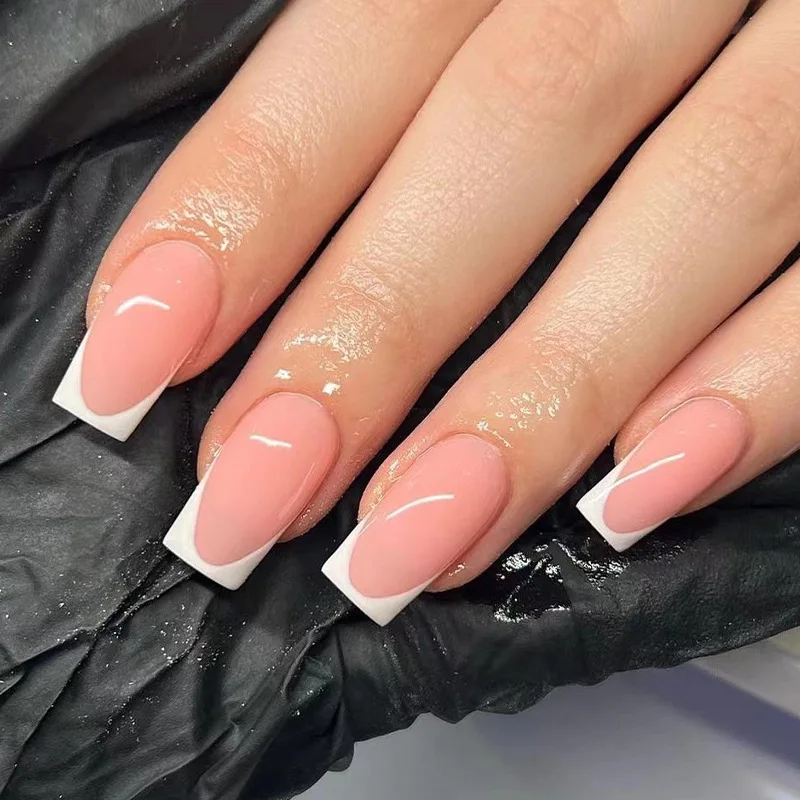 24Pcs Simple White French Nude Pink Wearable Full Cover Fake Art Nail Finished False Nail Press on Nails Glue Summer Beach Woman